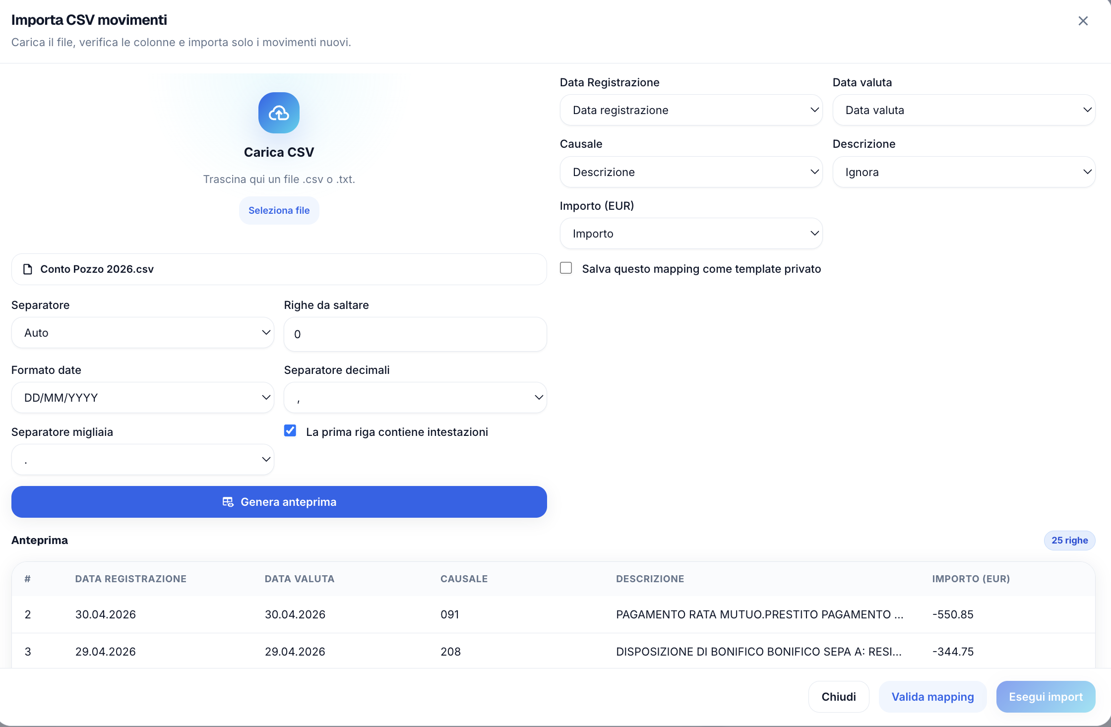 CSV import screen
